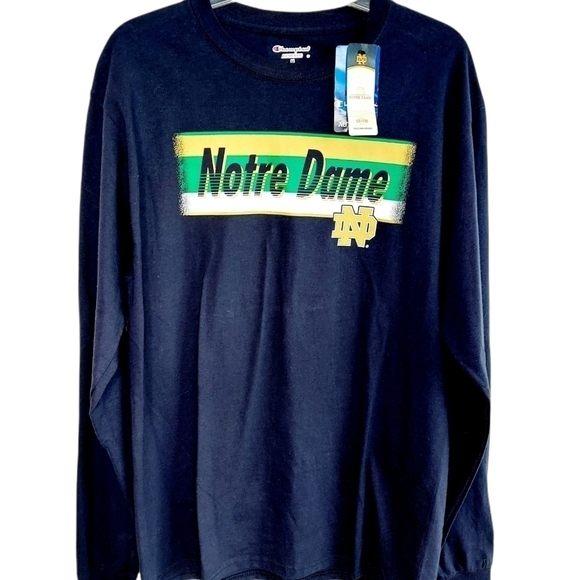 University of Notre Dame Long Sleeve Champion T-Shirt Medium Logo Navy NEW NWT - Picture 1 of 12